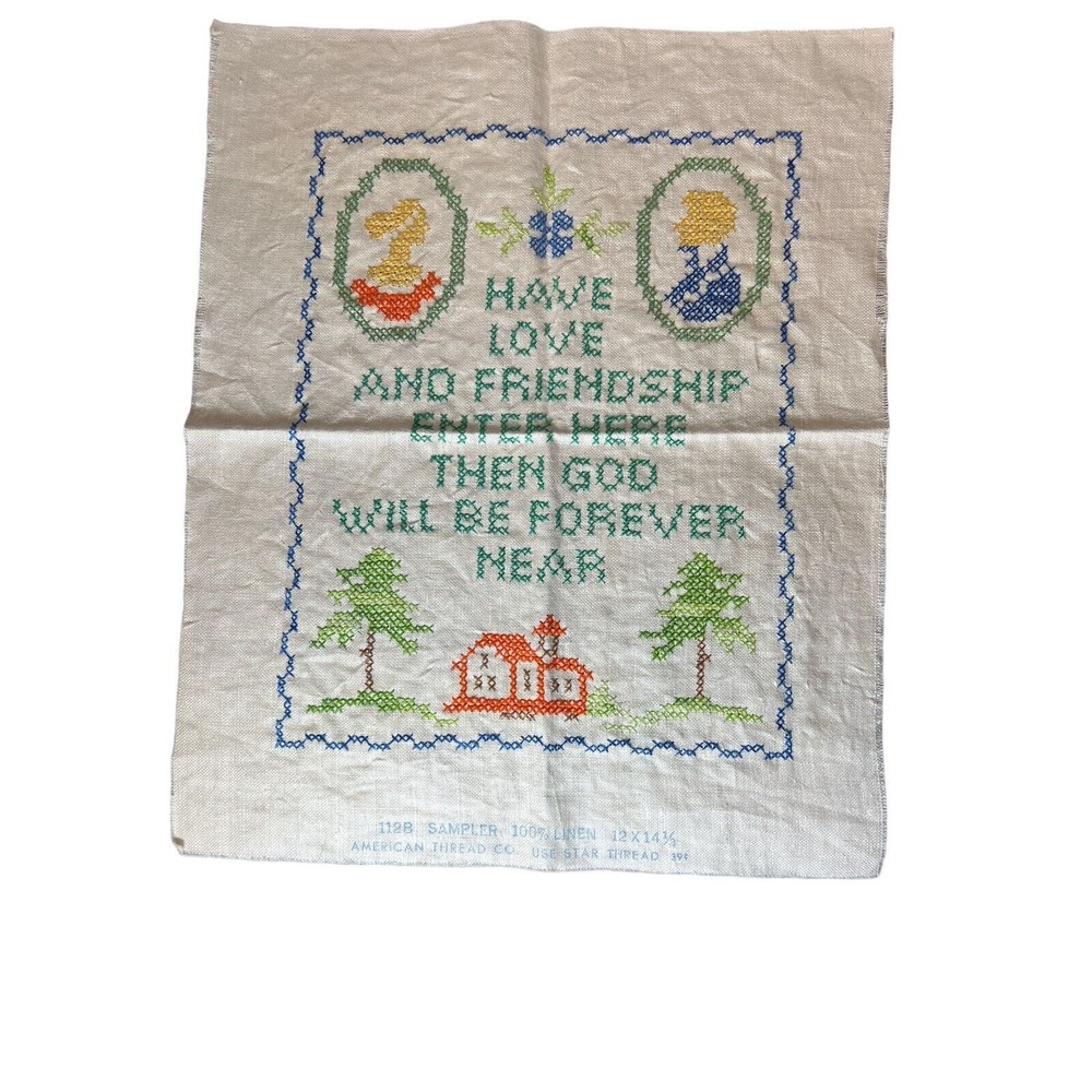 Vintage Antique Linen Embroidered Cross Stitch Motto Print 12"x 14.5"